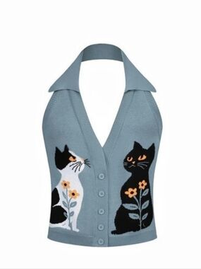 OXKnit Women's Retro Healing Cat Style Jacquard Halter Knit Vest Blue & White